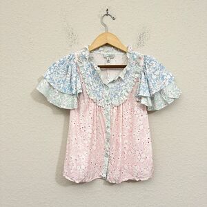 NWT STELLAH S/S Floral Ruffle Top Button-Up Shirt Flutter Sleeve in Multi